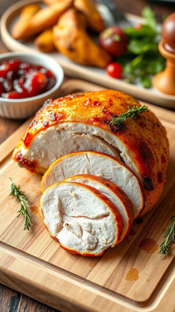 Sliced air fryer turkey breast on a cutting board, garnished with herbs, with festive sides in the background.